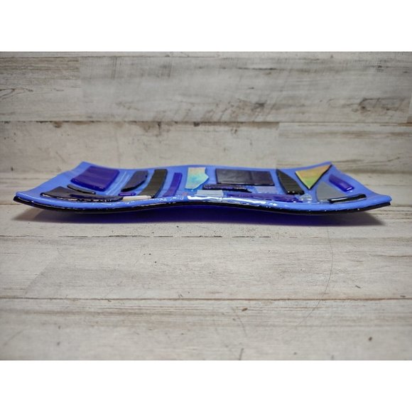 SIGNED Lorraine Art Fused Glass Shimmer Abstract Mosaic Cobalt Wave Trinket Dish - Picture 9 of 14